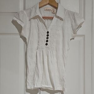 DKNY Jeans White Smocked Button Blouse | Short Sleeve | Women’s S